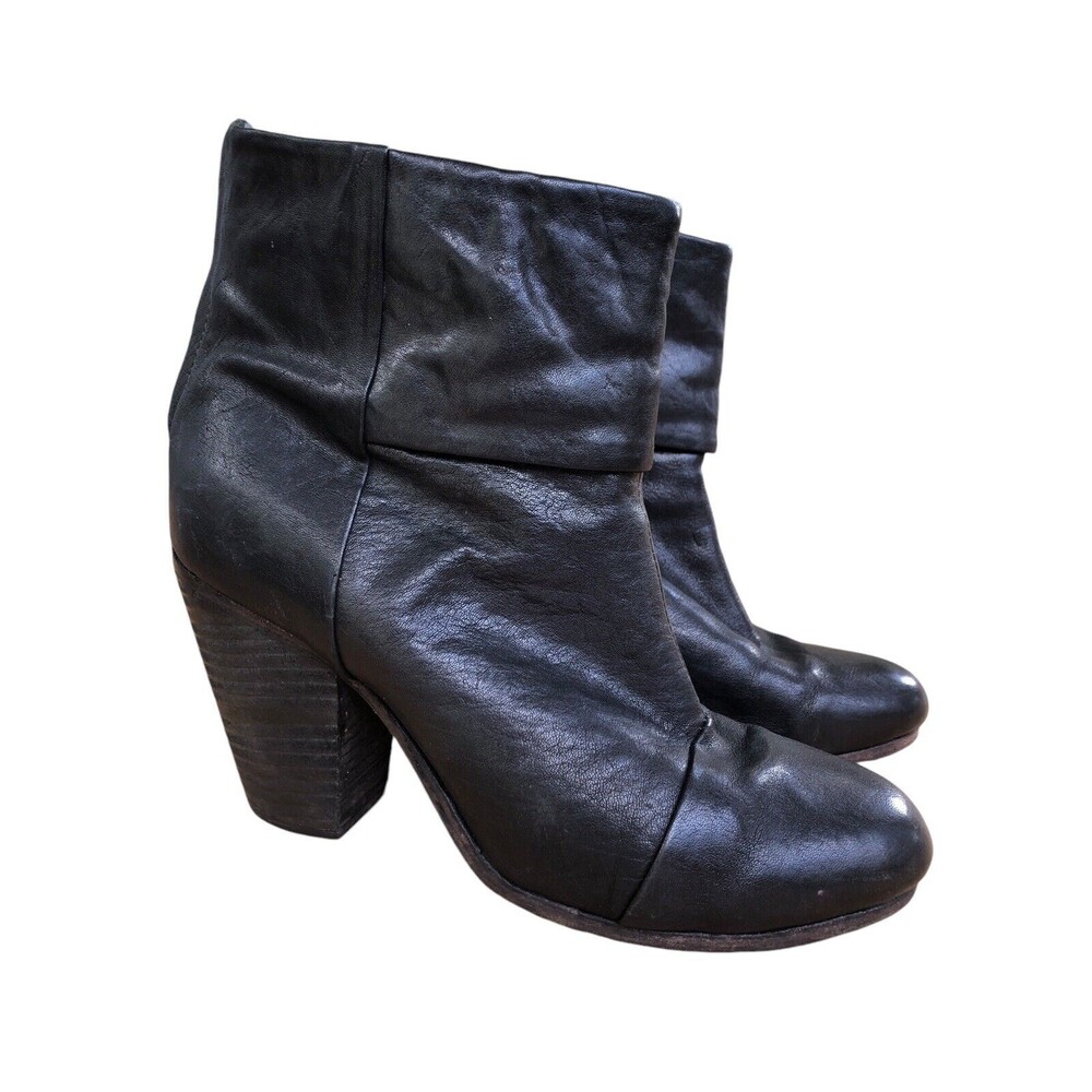 Rag & Bone Newbury Boots Women's 7.5 Black Leather Chunky Block Heel Zip Bootie